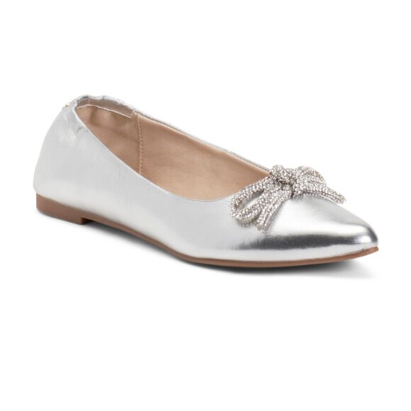Yosi Samra Shoes - YOSI SAMRA Leather Vivienne Crystal Bow Flats - Silver